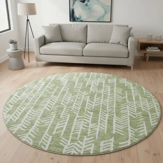 8' Green And Ivory Tribal Washable Round Rug With UV Protection Photo 2