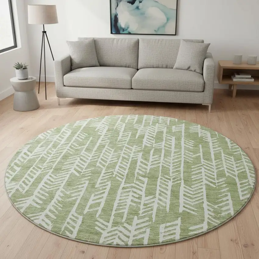 8' Green And Ivory Tribal Washable Round Rug With UV Protection Photo 2