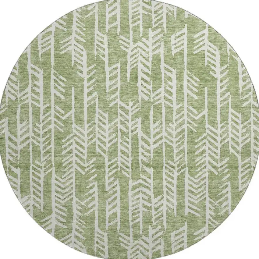 8' Green And Ivory Tribal Washable Round Rug With UV Protection Photo 4
