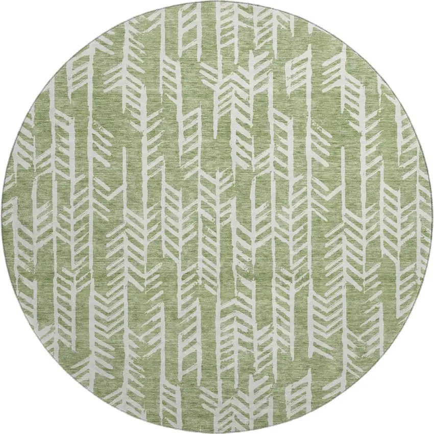 8' Green And Ivory Tribal Washable Round Rug With UV Protection Photo 1