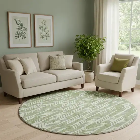 8' Green And Ivory Tribal Washable Round Rug With UV Protection Photo 1