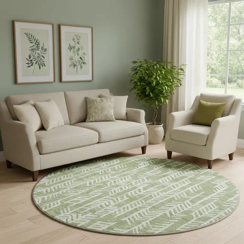 8' Green And Ivory Tribal Washable Round Rug With UV Protection Photo 1