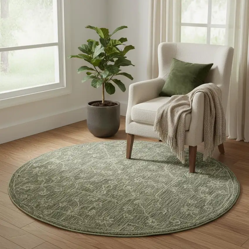 5' Green And Ivory Wool Floral Hand Tufted Round Rug Photo 1