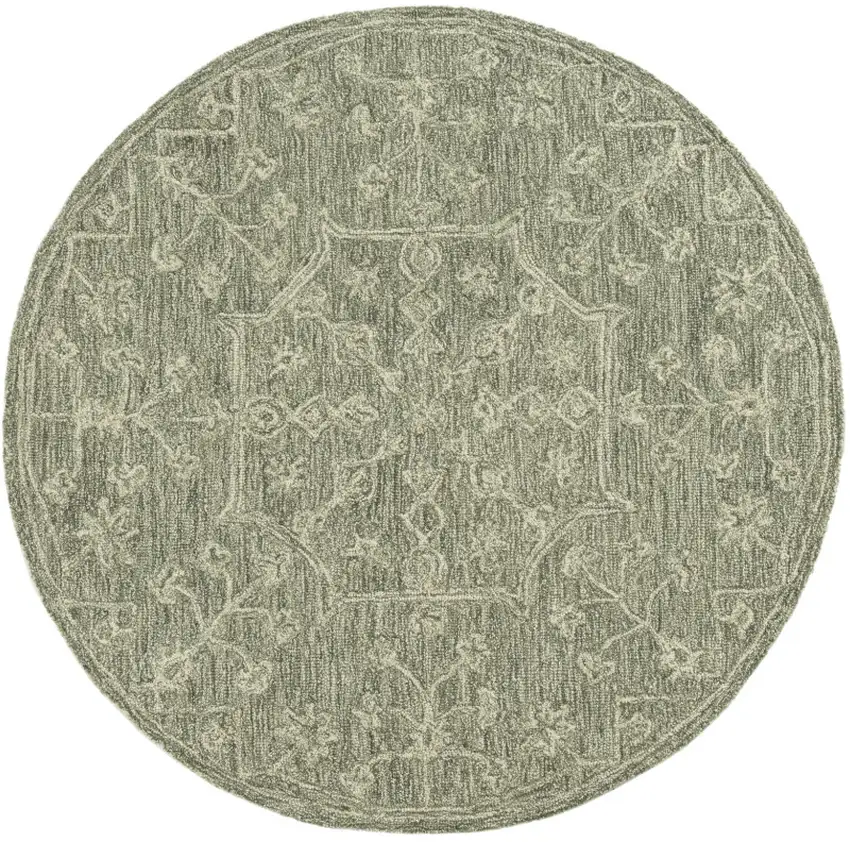 5' Green And Ivory Wool Floral Hand Tufted Round Rug Photo 2