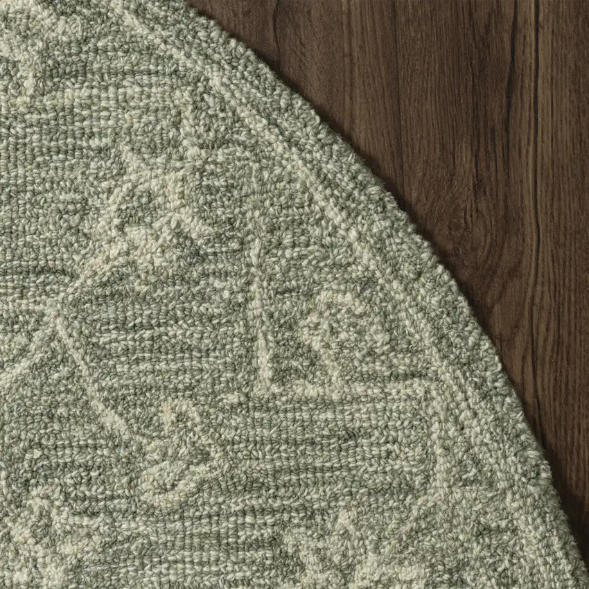 5' Green And Ivory Wool Floral Hand Tufted Round Rug Photo 9