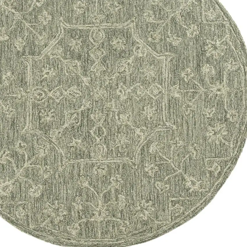 5' Green And Ivory Wool Floral Hand Tufted Round Rug Photo 4