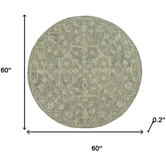 5' Green And Ivory Wool Floral Hand Tufted Round Rug Photo 3