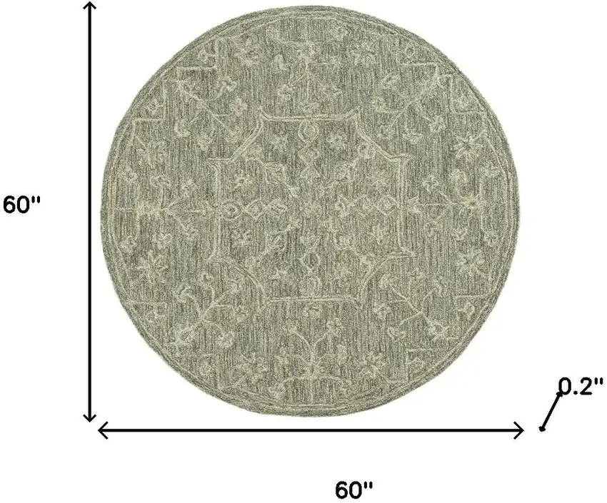 5' Green And Ivory Wool Floral Hand Tufted Round Rug Photo 3