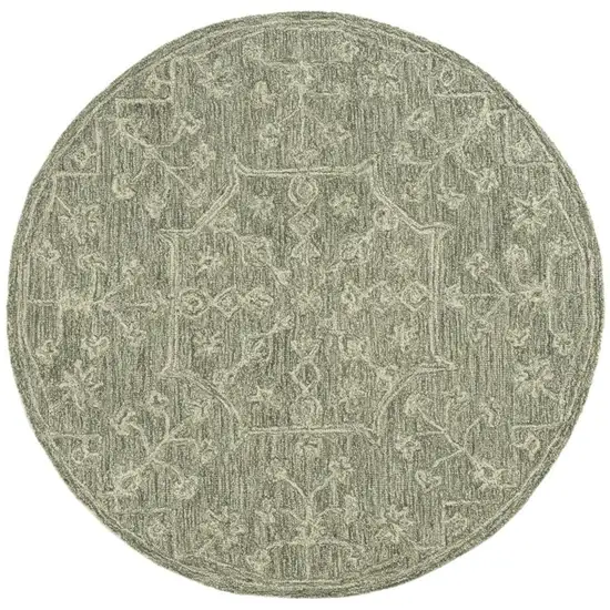 5' Green And Ivory Wool Floral Hand Tufted Round Rug Photo 5