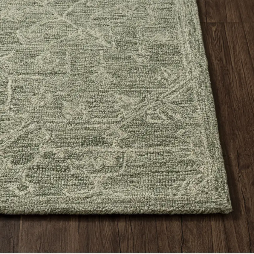 8' Green And Ivory Wool Floral Hand Tufted Runner Rug Photo 8