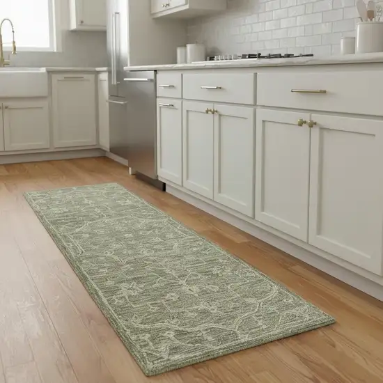 8' Green And Ivory Wool Floral Hand Tufted Runner Rug Photo 1