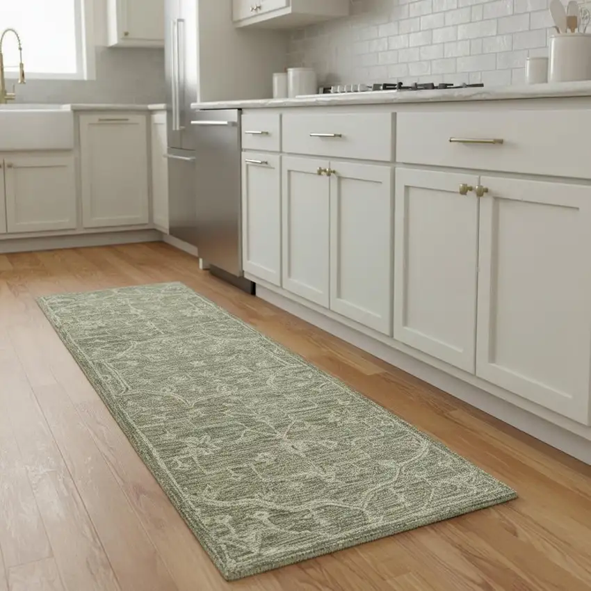 8' Green And Ivory Wool Floral Hand Tufted Runner Rug Photo 1