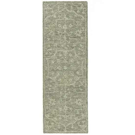 8' Green And Ivory Wool Floral Hand Tufted Runner Rug Photo 2