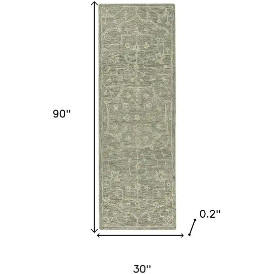 8' Green And Ivory Wool Floral Hand Tufted Runner Rug Photo 3