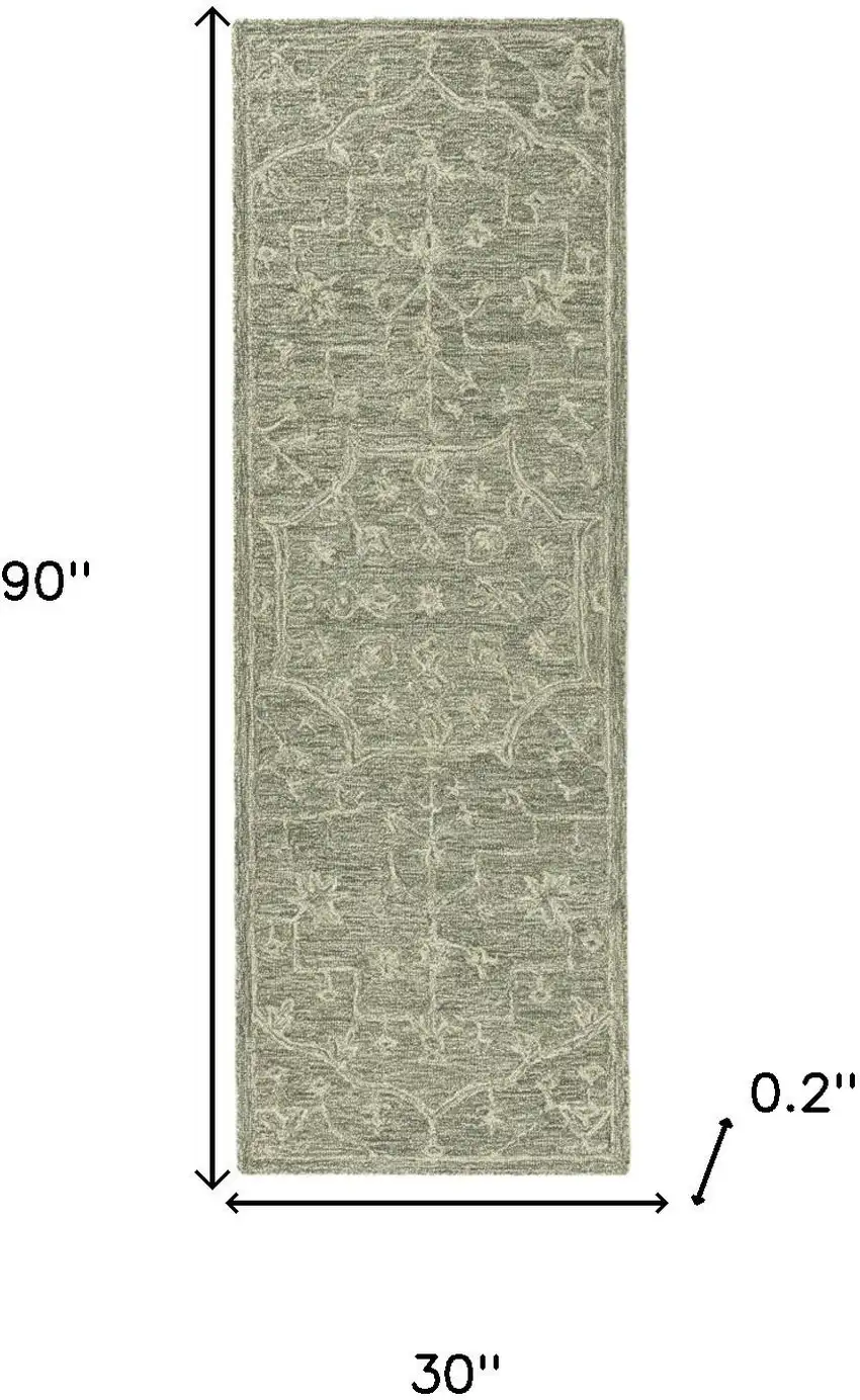 8' Green And Ivory Wool Floral Hand Tufted Runner Rug Photo 3