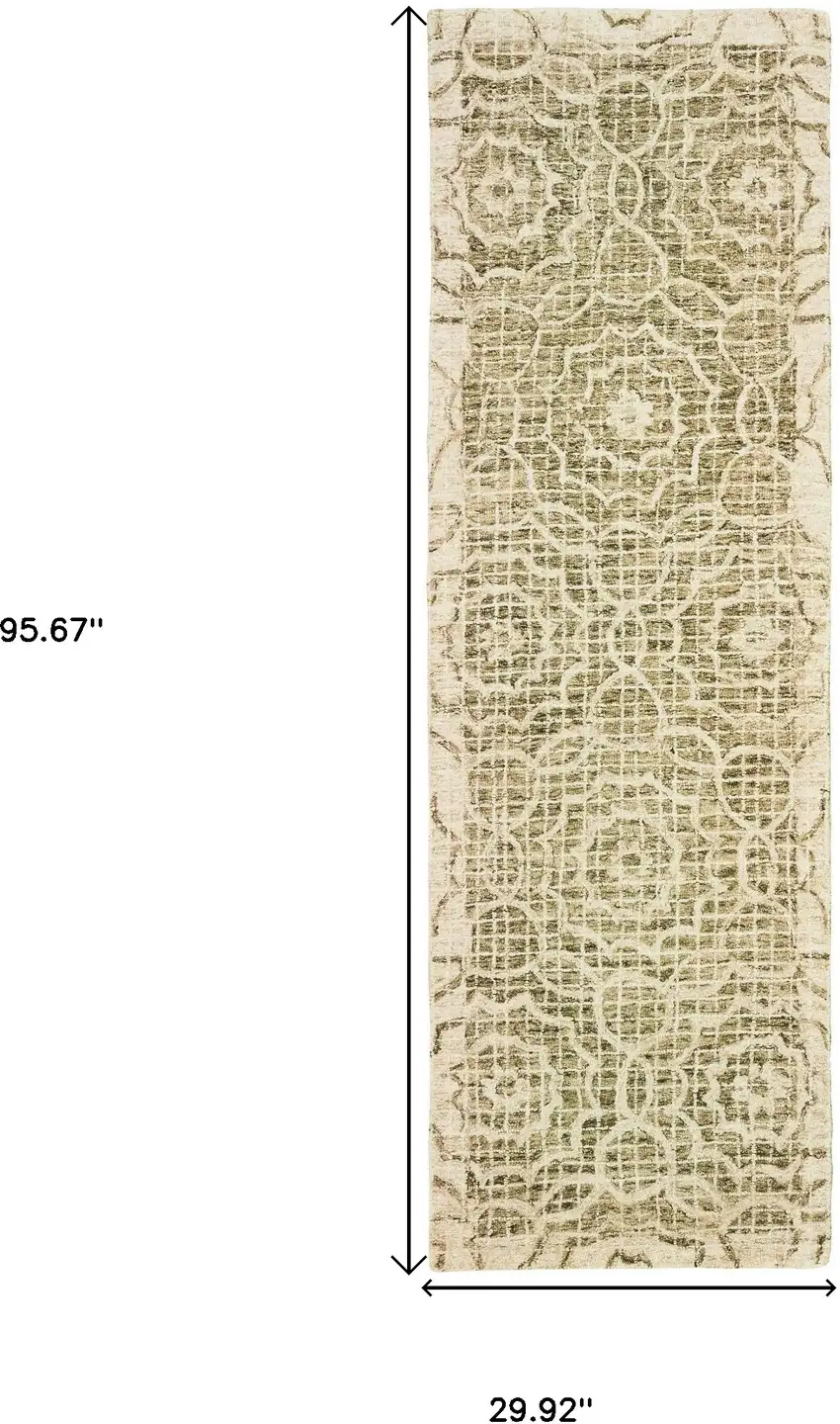 8' Green And Ivory Wool Geometric Hand Tufted Runner Rug Photo 3