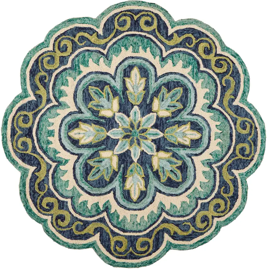 8' Green And Ivory Wool Medallion Hand Tufted Round Rug Photo 3