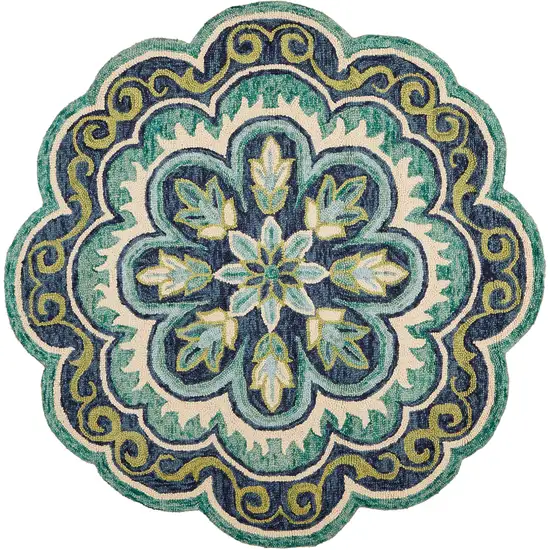 8' Green And Ivory Wool Medallion Hand Tufted Round Rug Photo 2