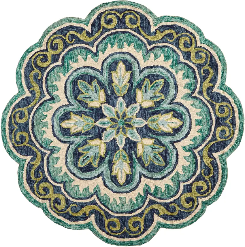 8' Green And Ivory Wool Medallion Hand Tufted Round Rug Photo 2