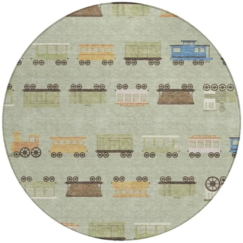 8' Green And Khaki Round Abstract Washable Indoor Outdoor Area Rug Photo 3