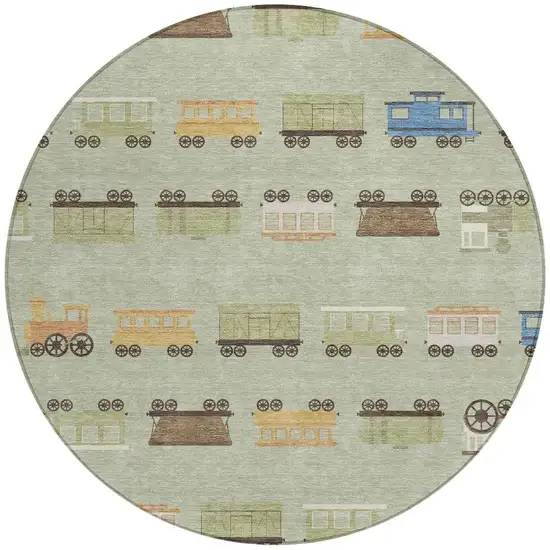 8' Green And Khaki Round Abstract Washable Indoor Outdoor Area Rug Photo 3