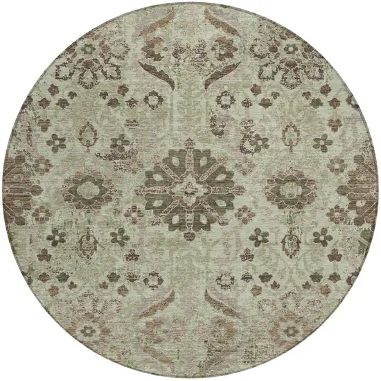 8' Green And Khaki Round Damask Washable Indoor Outdoor Area Rug Photo 2