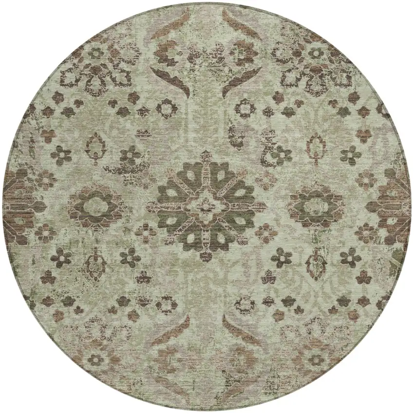 8' Green And Khaki Round Damask Washable Indoor Outdoor Area Rug Photo 2