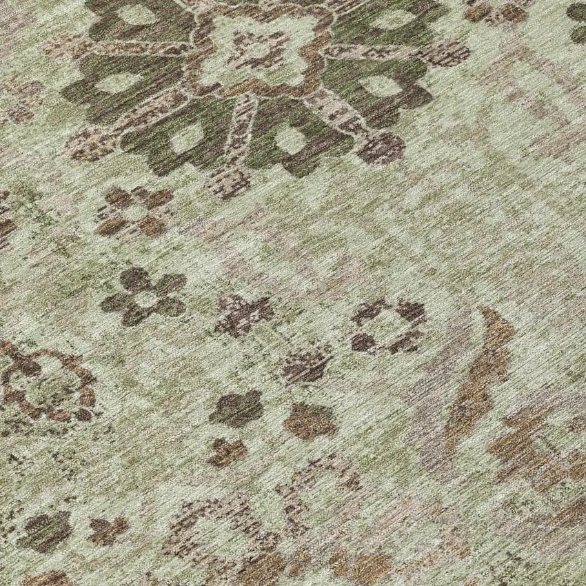 8' Green And Khaki Round Damask Washable Indoor Outdoor Area Rug Photo 5
