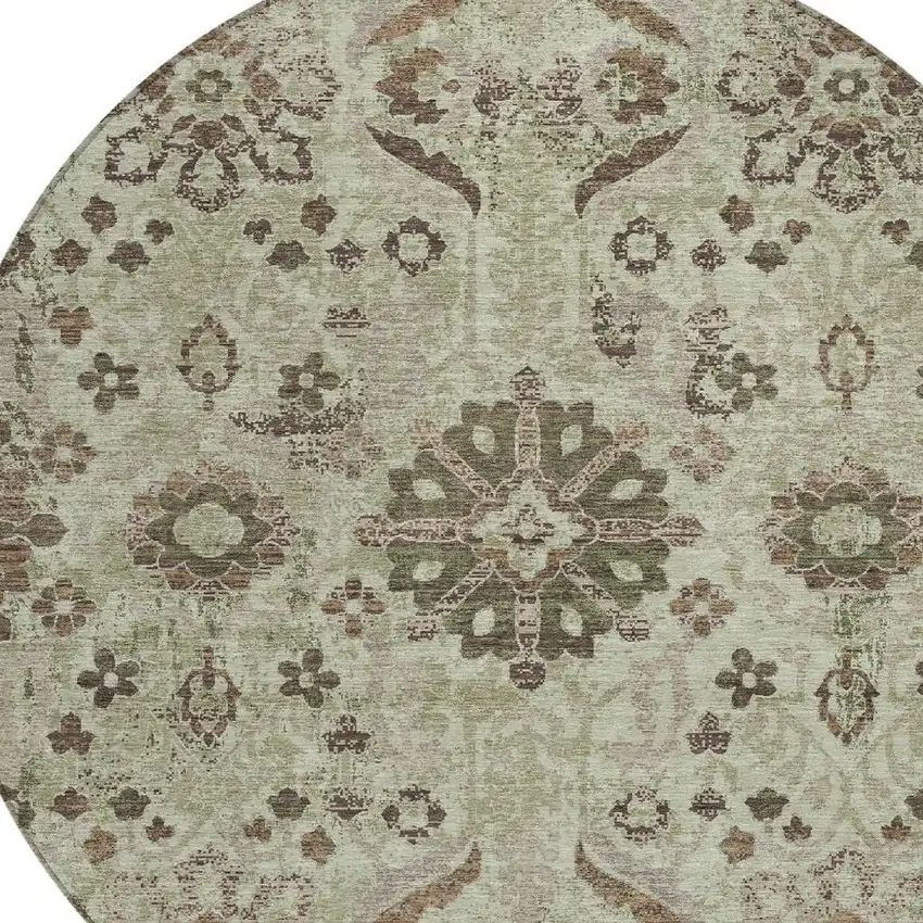 8' Green And Khaki Round Damask Washable Indoor Outdoor Area Rug Photo 3