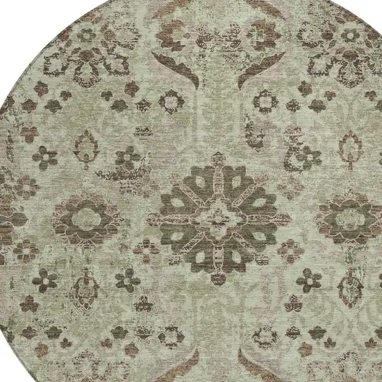 8' Green And Khaki Round Damask Washable Indoor Outdoor Area Rug Photo 3
