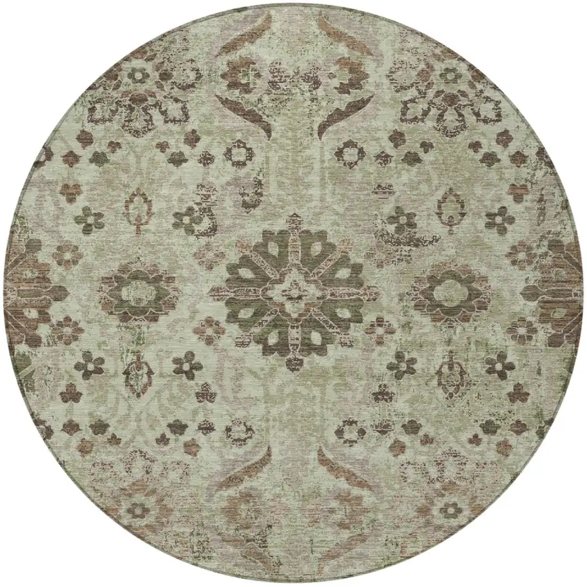8' Green And Khaki Round Damask Washable Indoor Outdoor Area Rug Photo 1