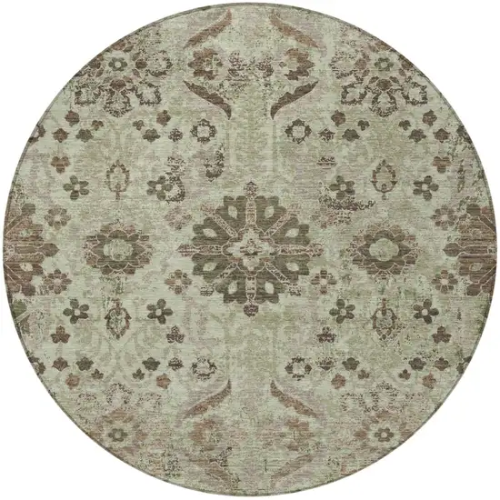 8' Green And Khaki Round Damask Washable Indoor Outdoor Area Rug Photo 1