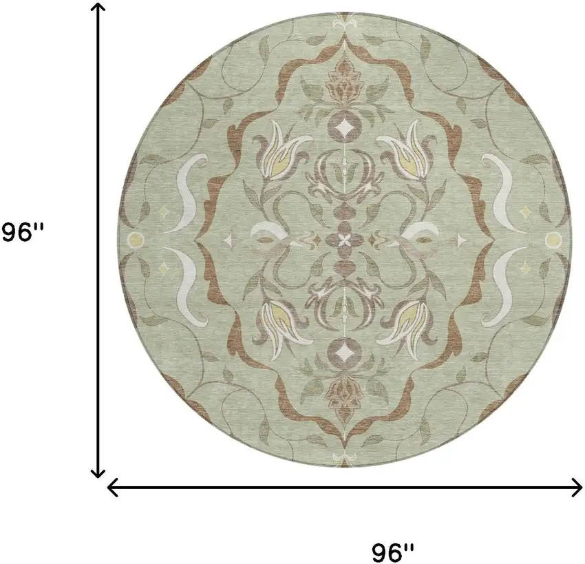 8' Green And Khaki Round Damask Washable Indoor Outdoor Area Rug Photo 6