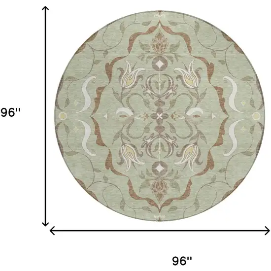 8' Green And Khaki Round Damask Washable Indoor Outdoor Area Rug Photo 6
