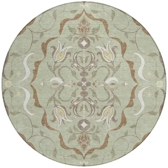 8' Green And Khaki Round Damask Washable Indoor Outdoor Area Rug Photo 1