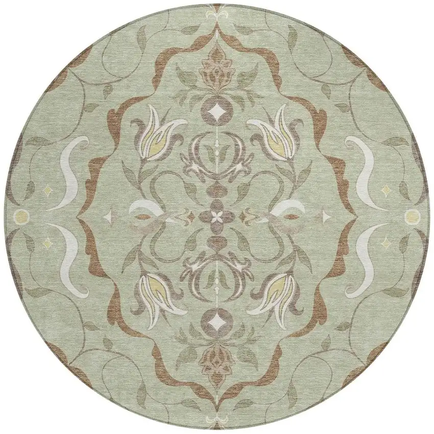 8' Green And Khaki Round Damask Washable Indoor Outdoor Area Rug Photo 1