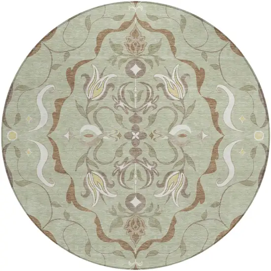 8' Green And Khaki Round Damask Washable Indoor Outdoor Area Rug Photo 2