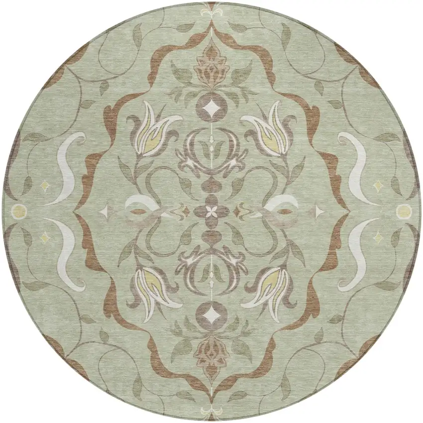 8' Green And Khaki Round Damask Washable Indoor Outdoor Area Rug Photo 2
