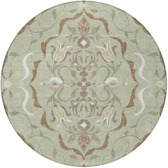 8' Green And Khaki Round Damask Washable Indoor Outdoor Area Rug Photo 3