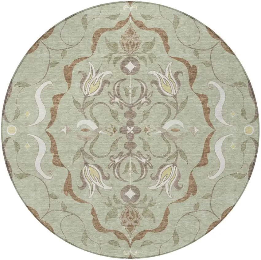 8' Green And Khaki Round Damask Washable Indoor Outdoor Area Rug Photo 3