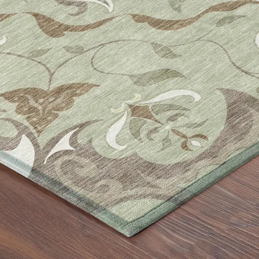 8' Green And Khaki Round Damask Washable Indoor Outdoor Area Rug Photo 4