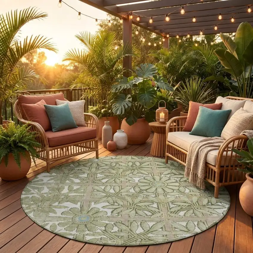 8' Green And Khaki Round Floral Washable Indoor Outdoor Area Rug Photo 1