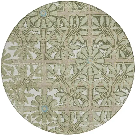 8' Green And Khaki Round Floral Washable Indoor Outdoor Area Rug Photo 2