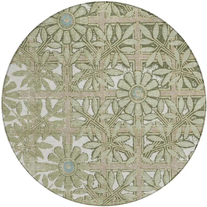 8' Green And Khaki Round Floral Washable Indoor Outdoor Area Rug Photo 2
