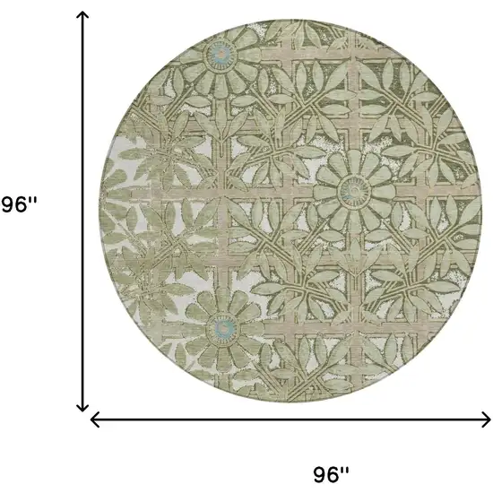 8' Green And Khaki Round Floral Washable Indoor Outdoor Area Rug Photo 5
