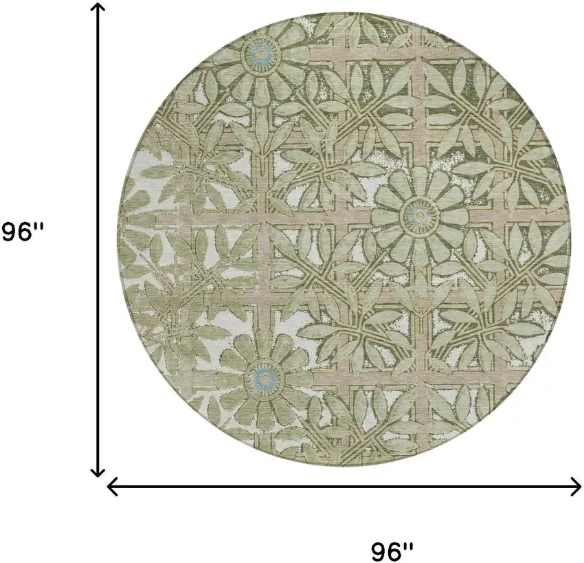 8' Green And Khaki Round Floral Washable Indoor Outdoor Area Rug Photo 5