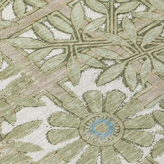8' Green And Khaki Round Floral Washable Indoor Outdoor Area Rug Photo 4