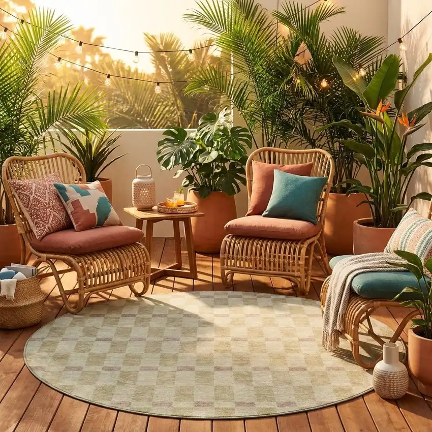 8' Green And Khaki Round Geometric Washable Indoor Outdoor Area Rug Photo 1