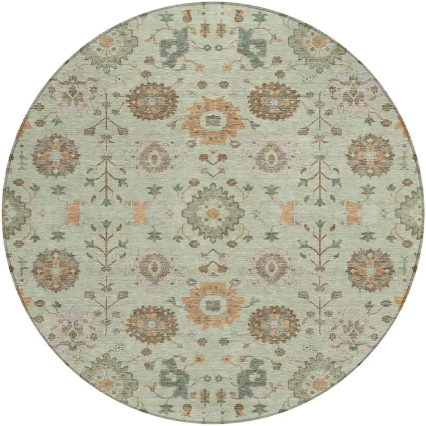8' Green And Khaki Round Geometric Washable Indoor Outdoor Area Rug Photo 1