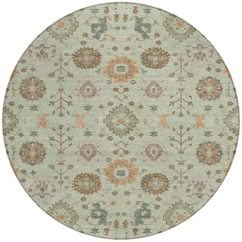 8' Green And Khaki Round Geometric Washable Indoor Outdoor Area Rug Photo 3